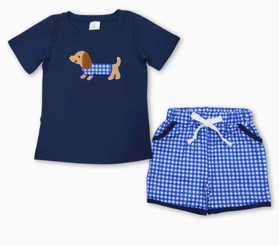 Blue Gingham Wiener Dog Set