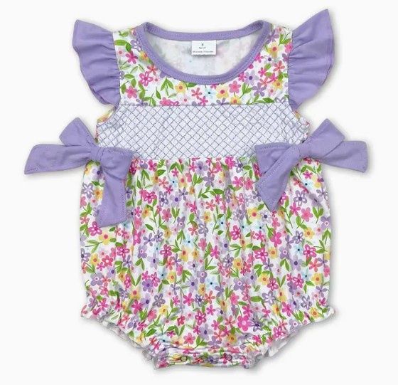 Purple Yellow Floral Smocked Romper