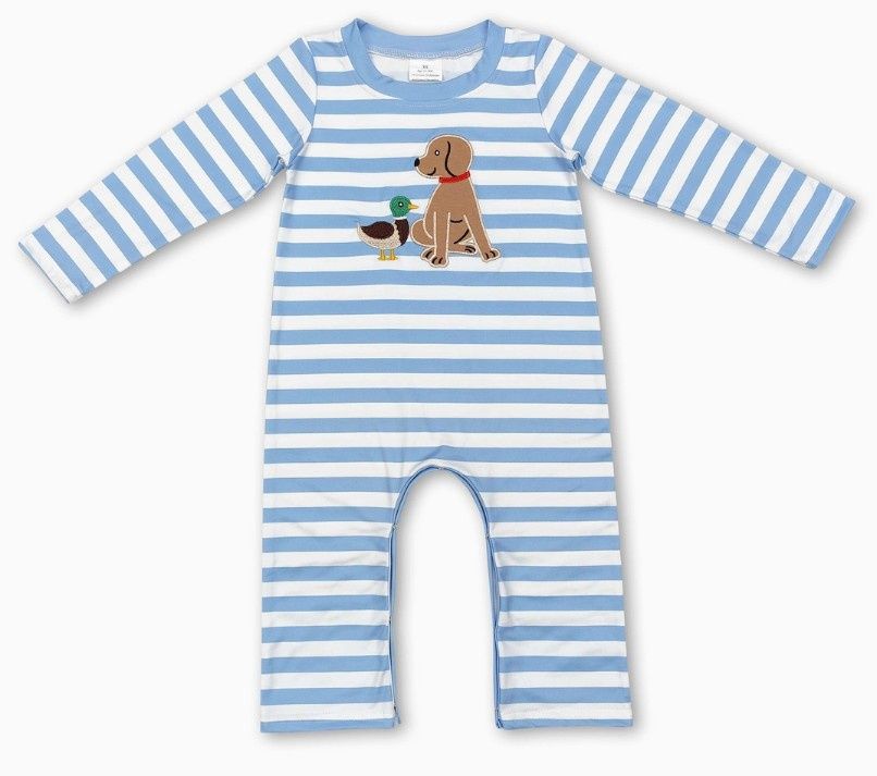 Blue Striped Dog Dog Duck  LS Romper