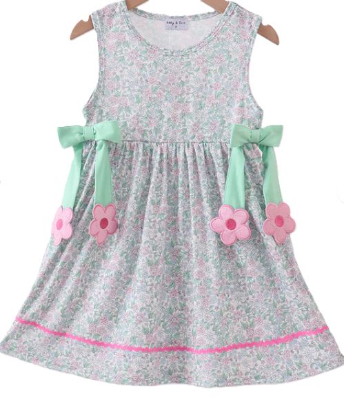 Pink Green Floral with Flower Bows Dress