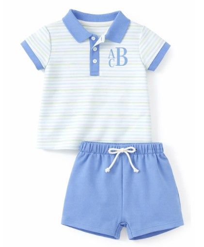 Blue &amp; Green Stripe Boys Collard Monogram Set