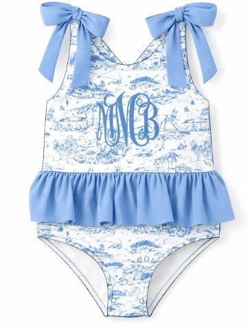 Blue Toile Girls One Piece Swim