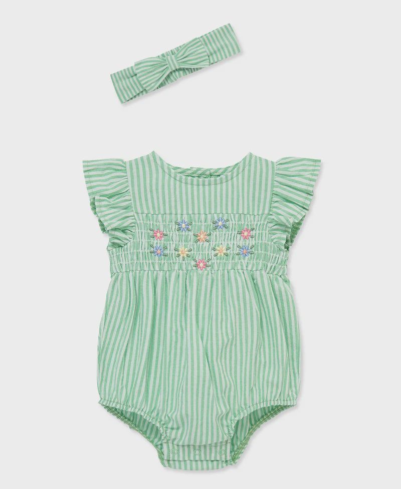 Green Stripe Floral Bubble with Headband, Size: 3M