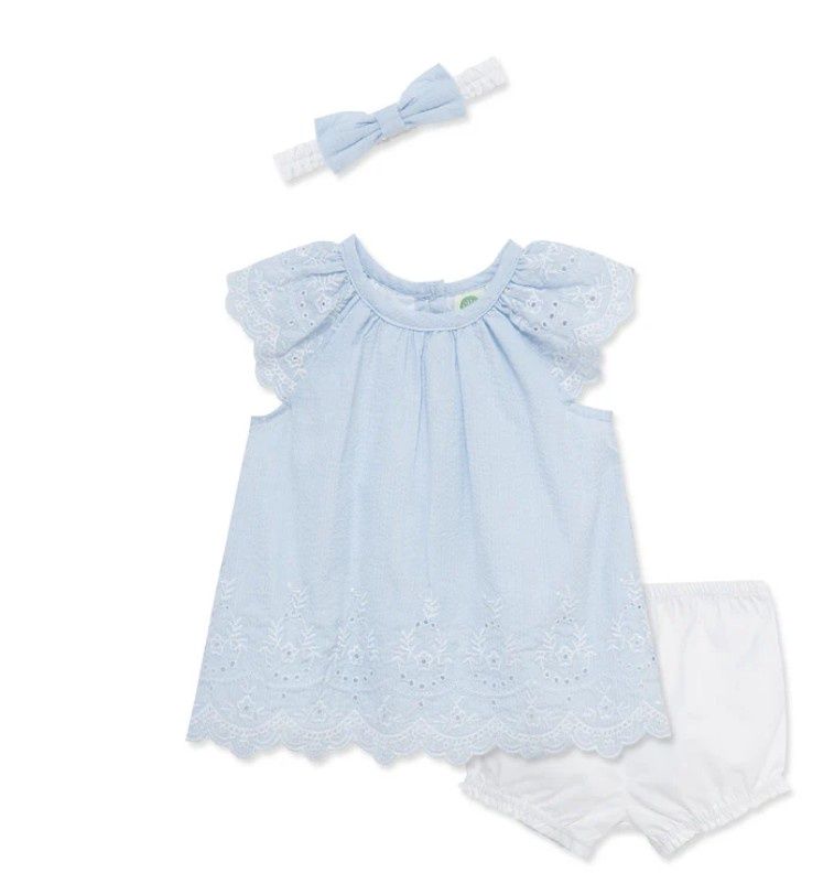 Little Me- Blue Eyelet Sunsuit &amp; Bloomer Set