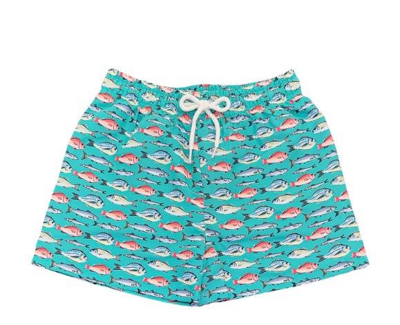 Saltwater Boys- Saint Simons Swim Trunk in Aqua Fish