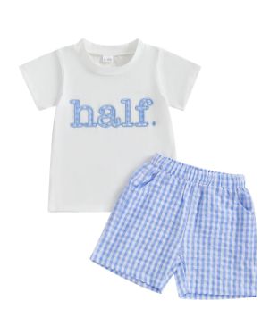 Blue Gingham Half Birthday Outfit