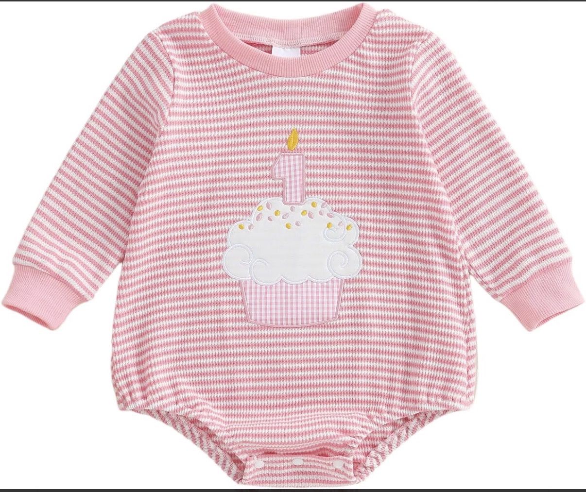 Pink White Striped Cupcake First Bday Romper
