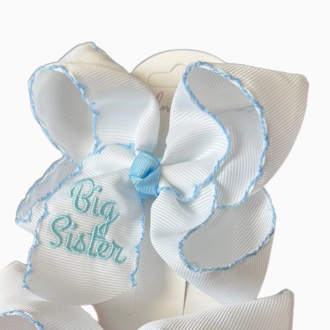 Big Sister Embroidered Moonstitch Bow, COLOR: White/Blue