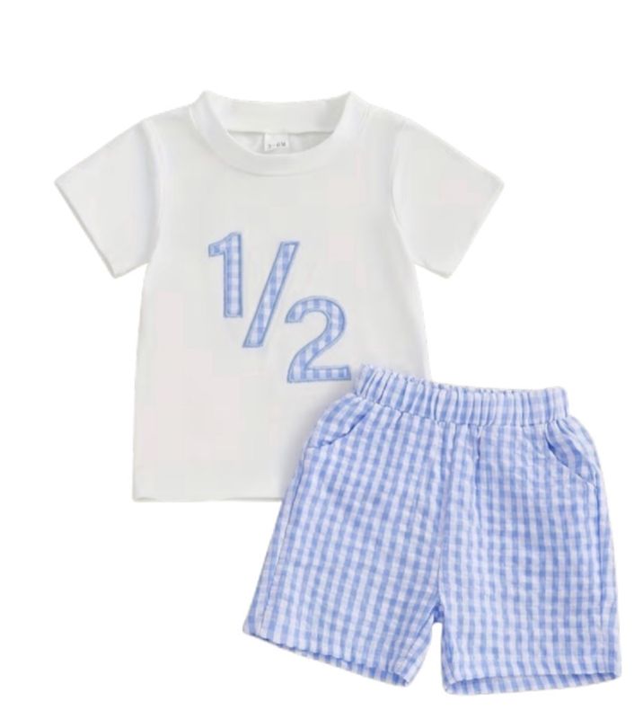 Boys Blue Gingham Half Birthday Set