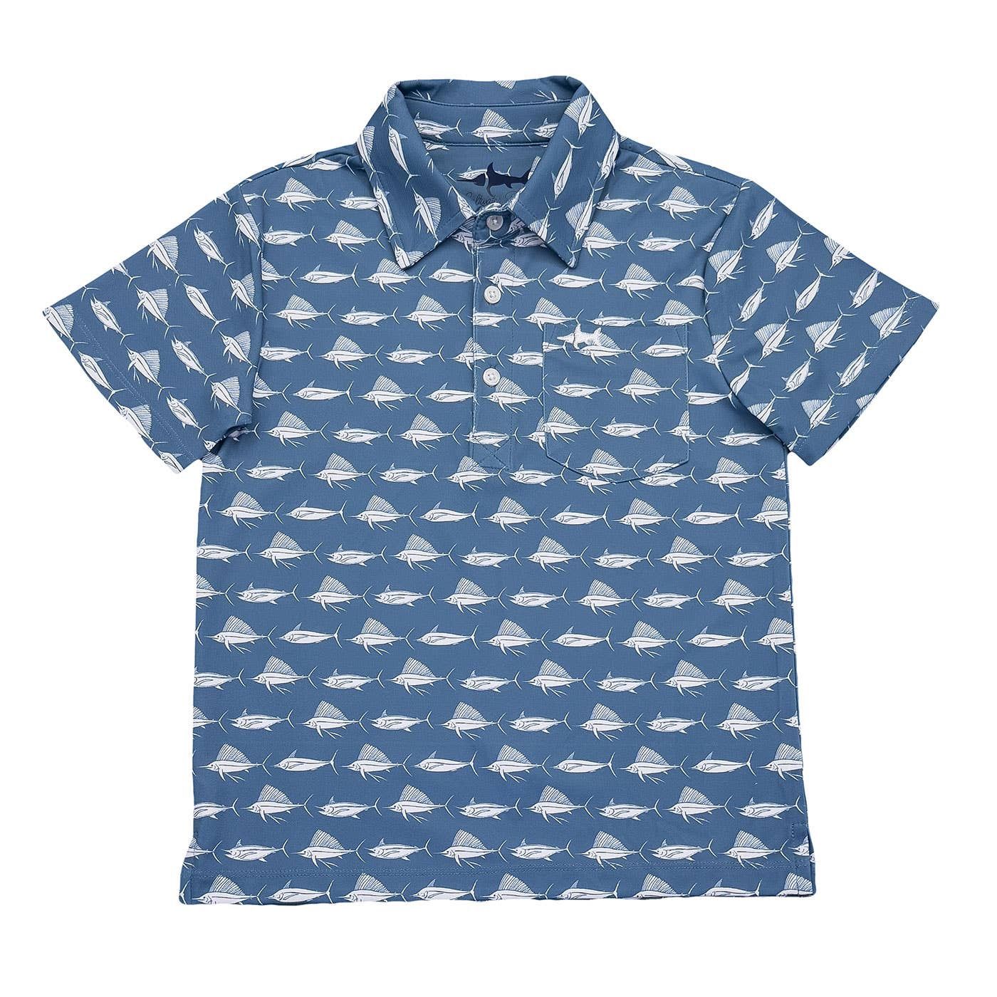 Saltwater Boys Inshore Performance SS Polo- Blue &amp; White Fish