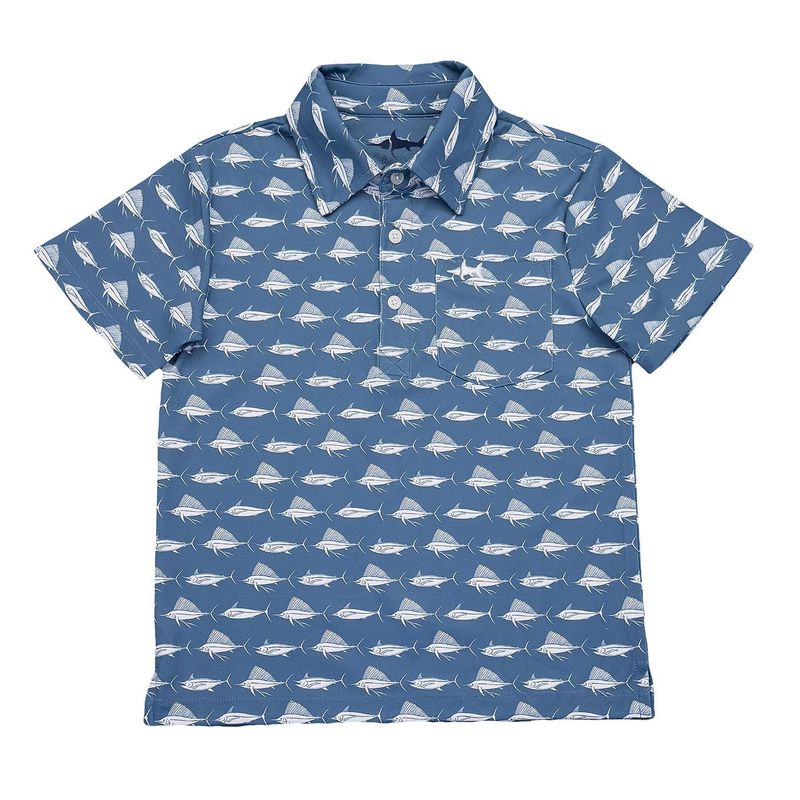 Saltwater Boys Inshore Performance SS Polo- Blue &amp; White Fish