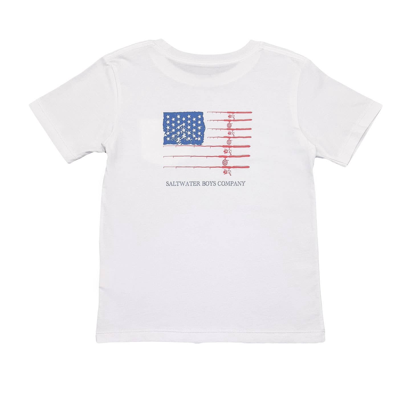 Saltwater Boys Fishing Pole Flag Graphic Tee -White