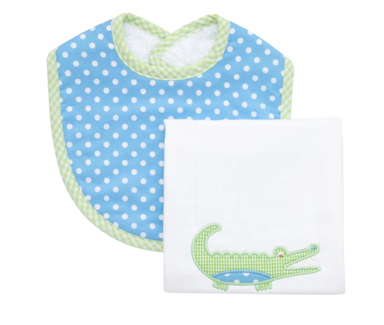 Blue Alligator Bib &amp; Burp Cloth Box Set