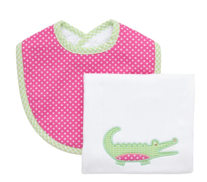 Pink Alligator Bib &amp; Burp Cloth Boxed Set