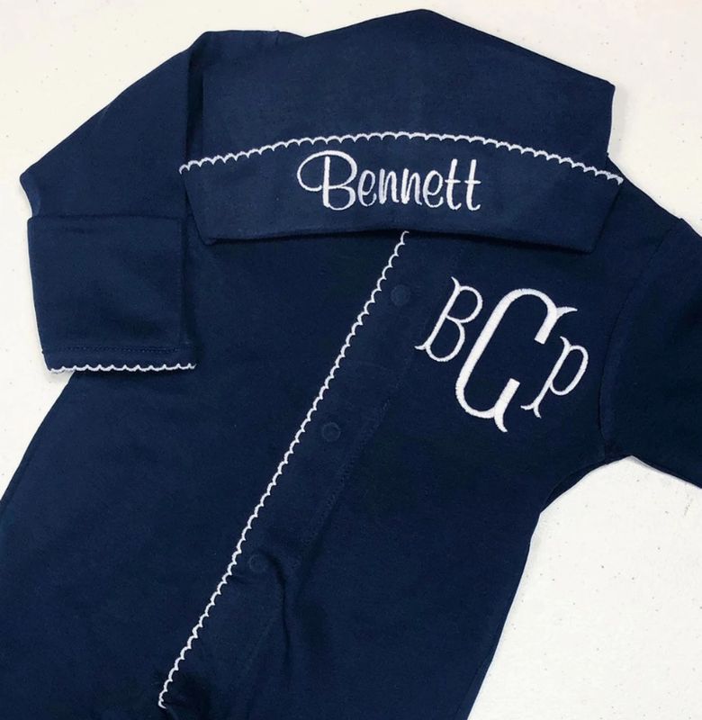 Organic Navy White Picot Trim Footie