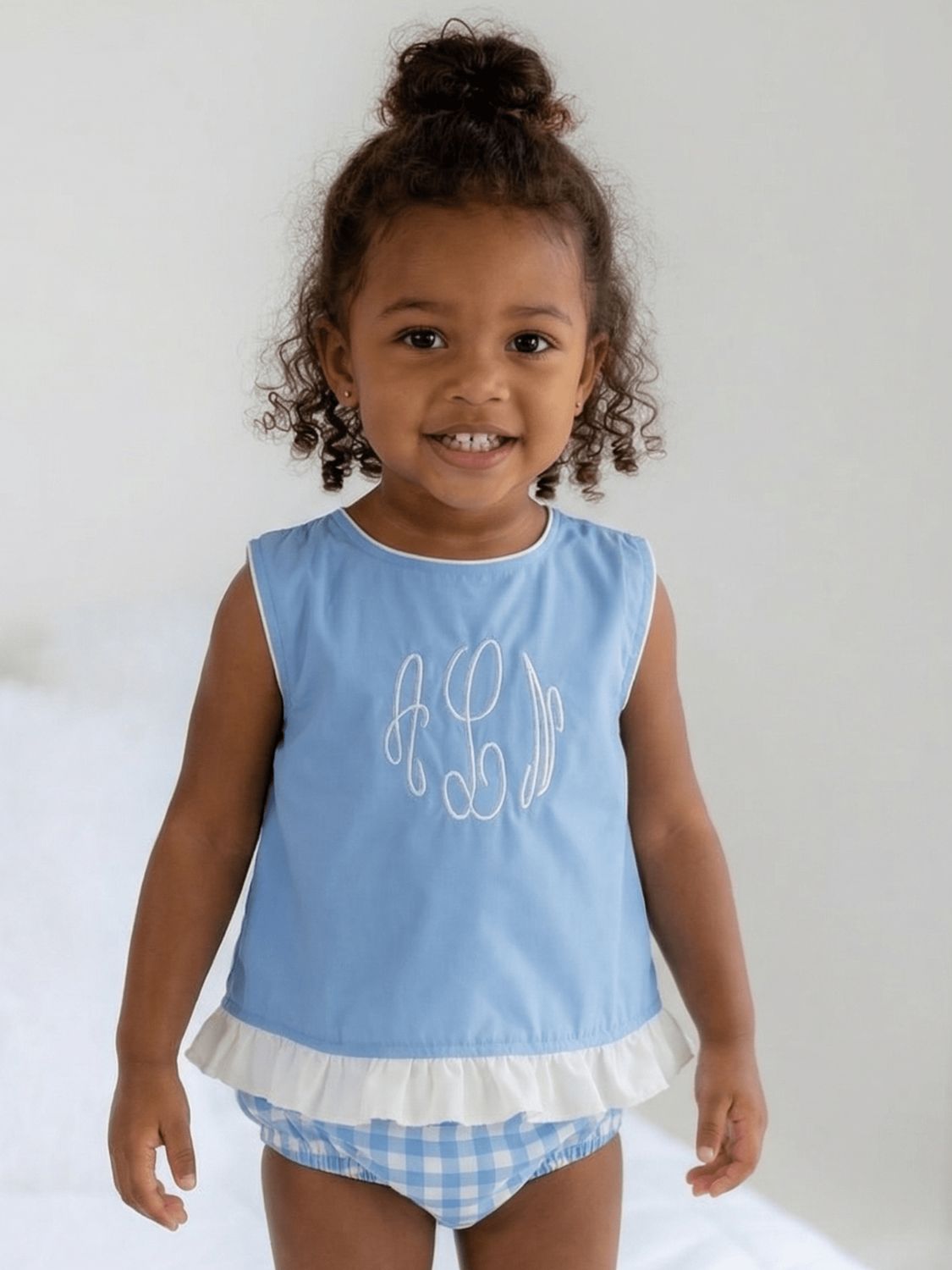 Blue Gingham Ruffle Trimmed Swing Back Bloomer Set