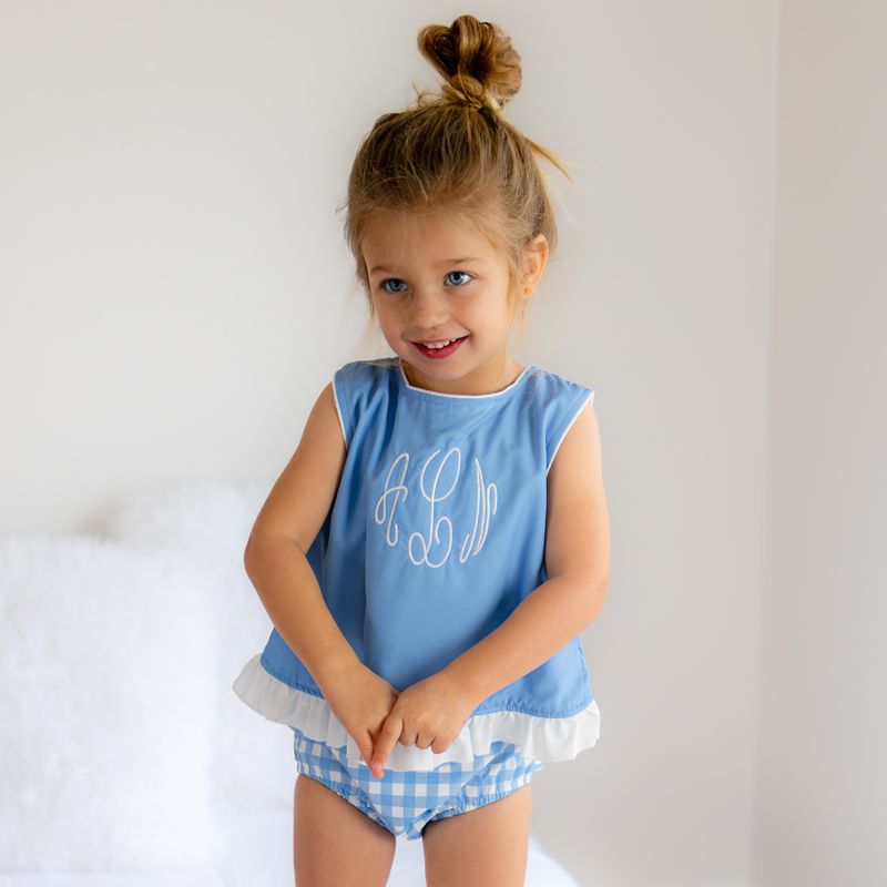 Blue Gingham Ruffle Trimmed Swing Back Bloomer Set