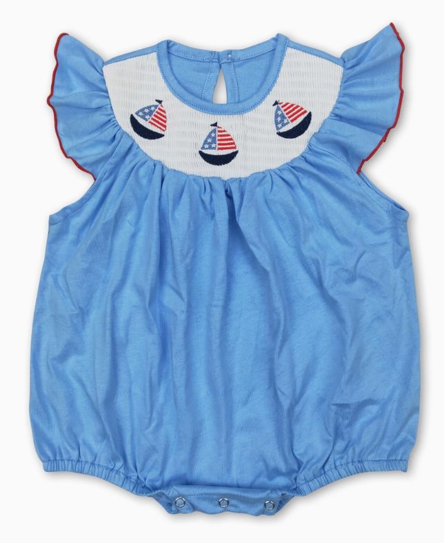 Blue Boat Smocked Girls Romper