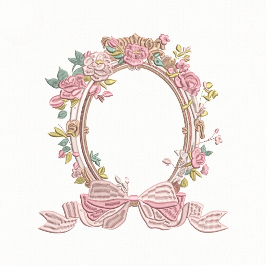Embroidery Monogram Wreath Crests, Personalization: Victorian Rose Bow Oval Frame