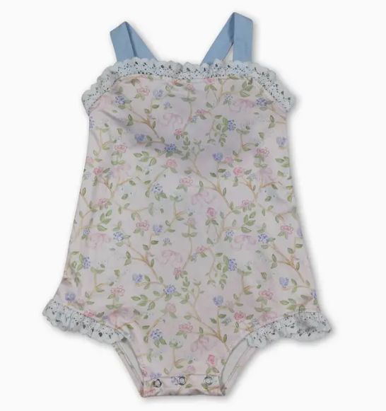 Vintage Pink &amp; Blue Lace Floral Sunsuit