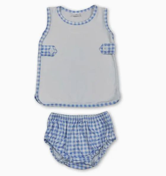 White Blue Gingham Boys Diaper Set