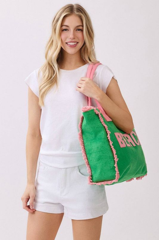 Embroidered Beach Terry Tote Bag: Green