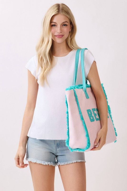 Embroidered Beach Terry Tote Bag: Pink