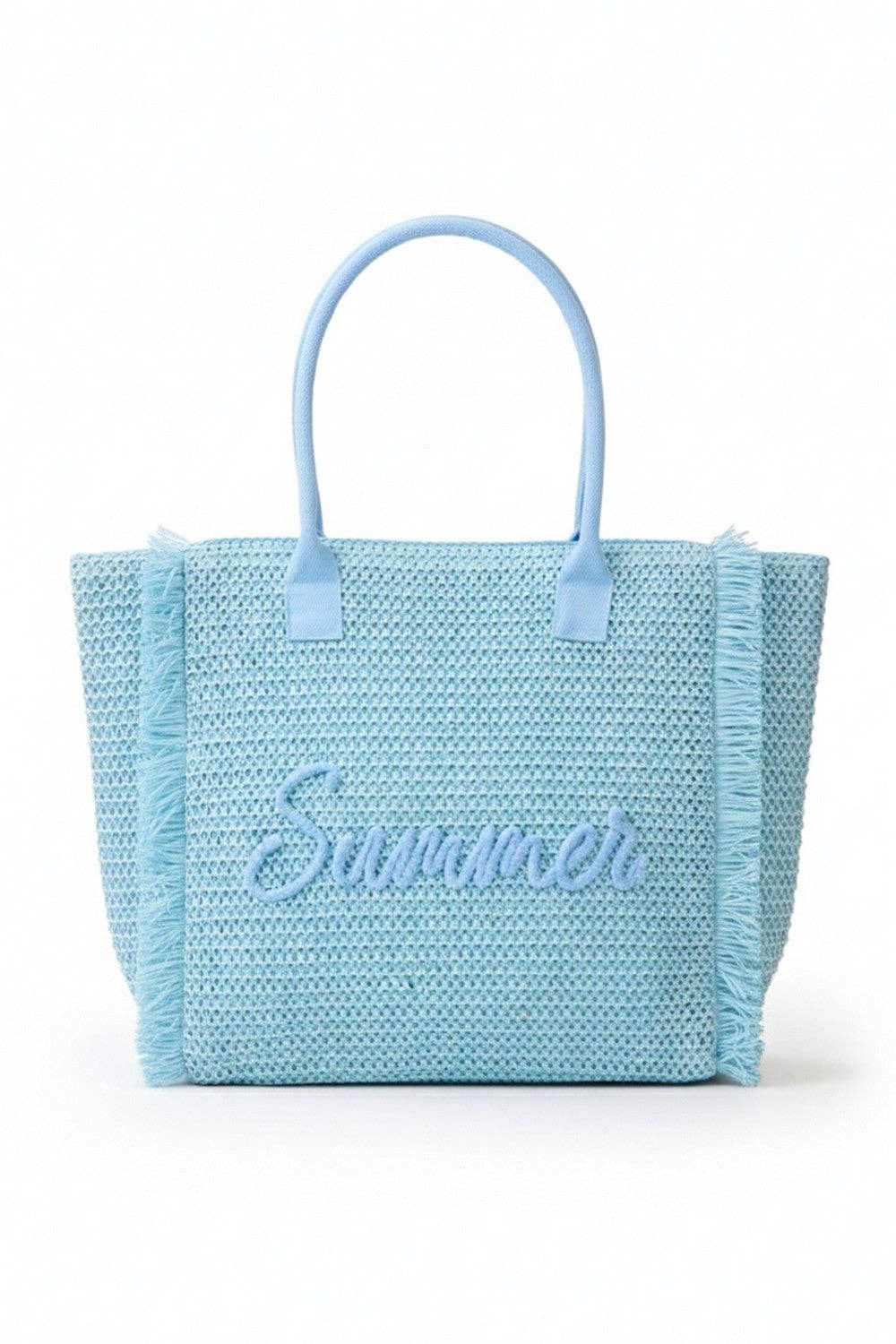 Woven Summer Embroidered Straw Fringe Tote Bag: Blue