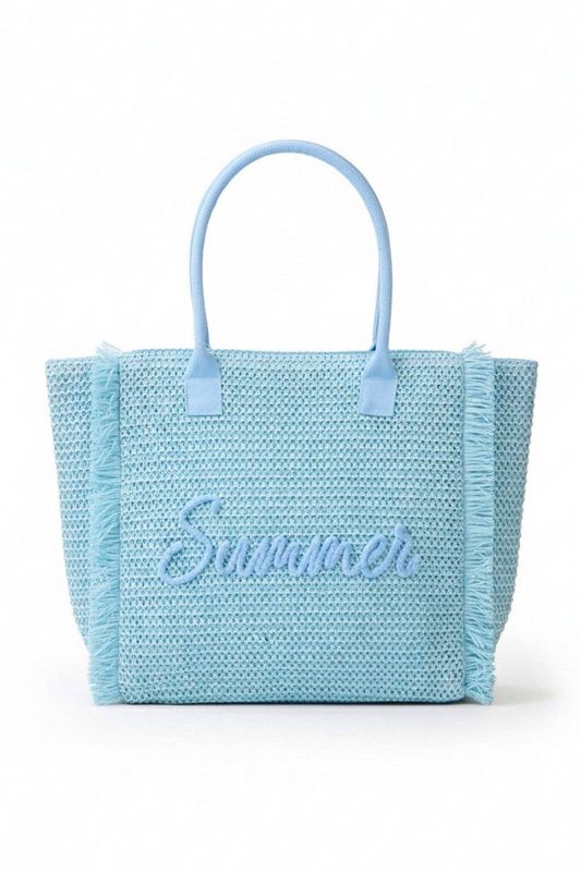 Woven Summer Embroidered Straw Fringe Tote Bag: Blue
