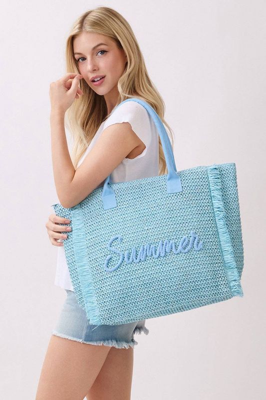 Woven Summer Embroidered Straw Fringe Tote Bag: Blue
