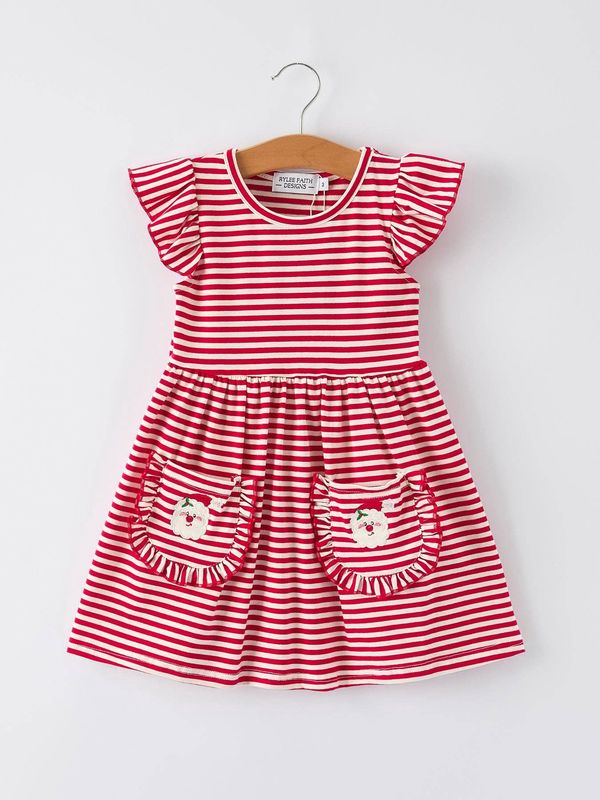 Christmas Red Stripe Dress with Santa  Applique Pockets