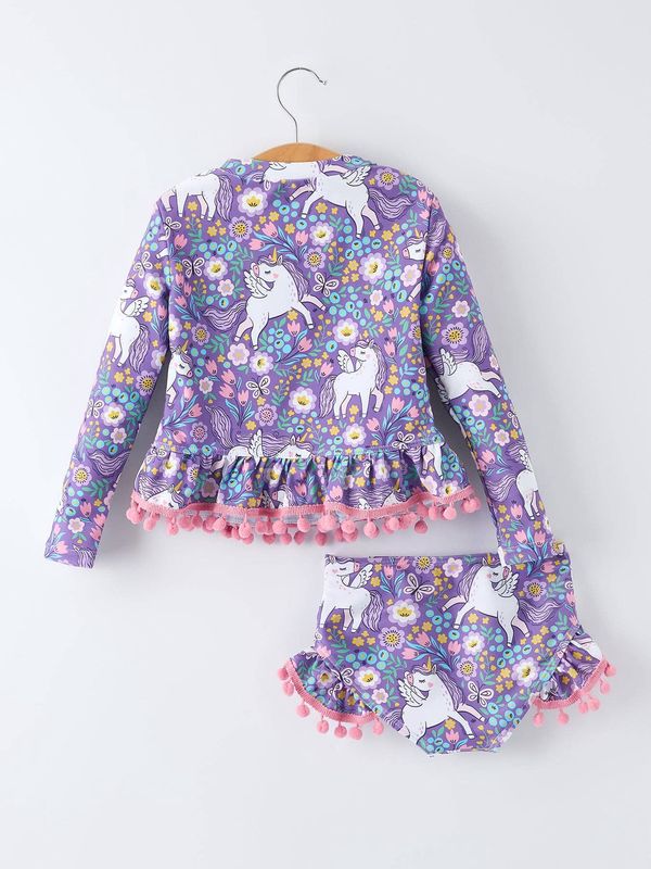 Girls Unicorn Long Sleeve Ruffle Swimsuit