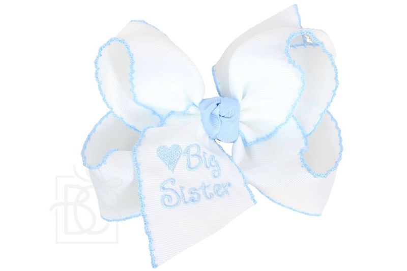 Embroidered Big Sister White Bow w/ Crochet Blue Edge