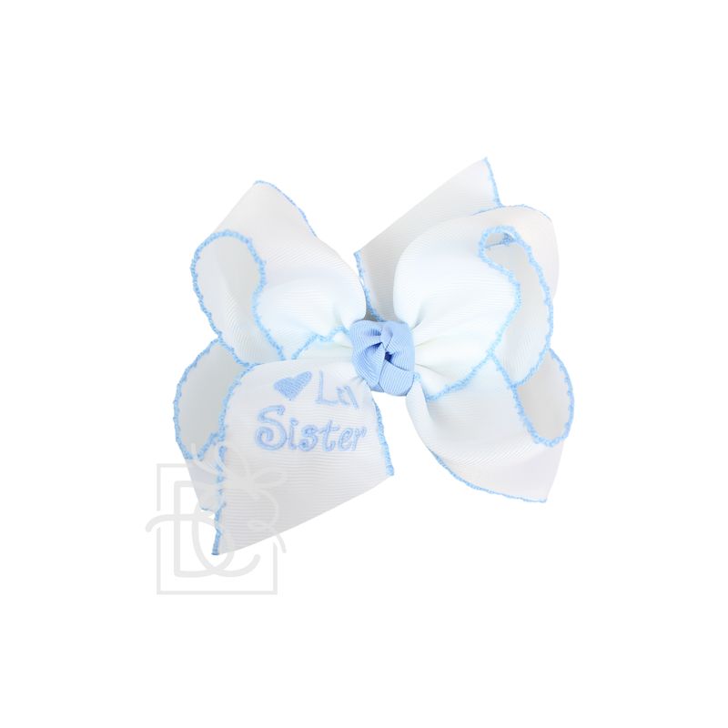 Embroidered Big Sister White Bow w/ Crochet Blue Edge