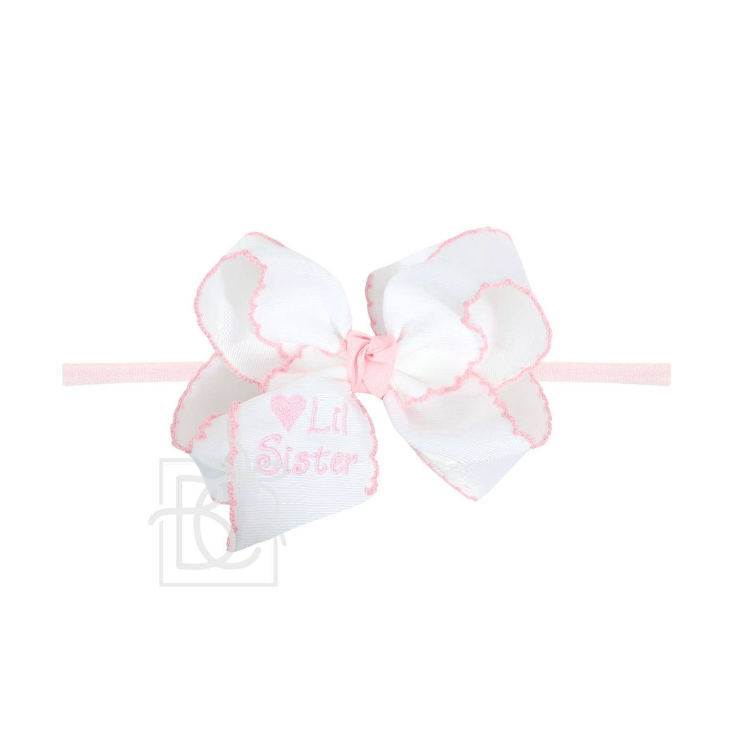4.5 inch White w/ Pink Lil Sister Embroidered Bow