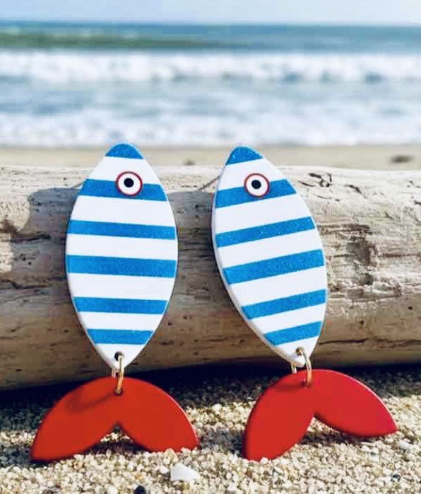 Blue &amp; White Fish Earrings
