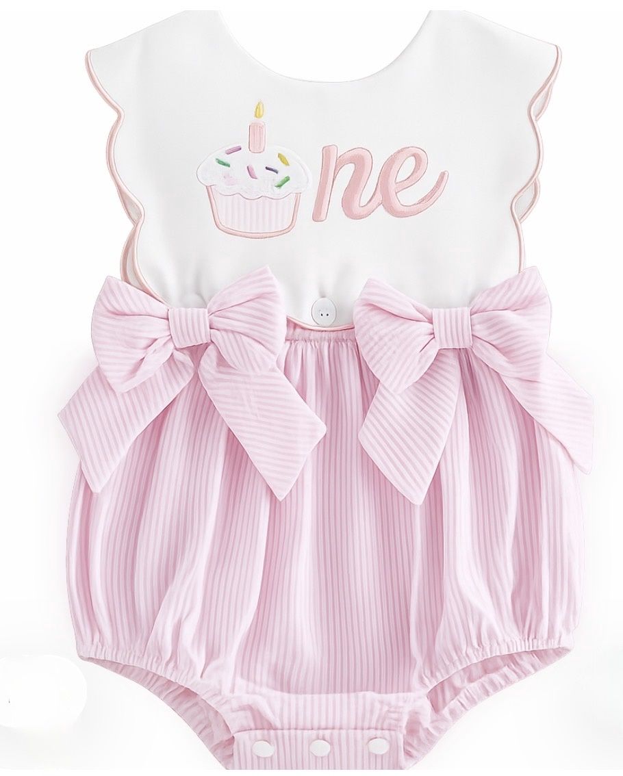 One Cupcake Bib Seersucker Romper