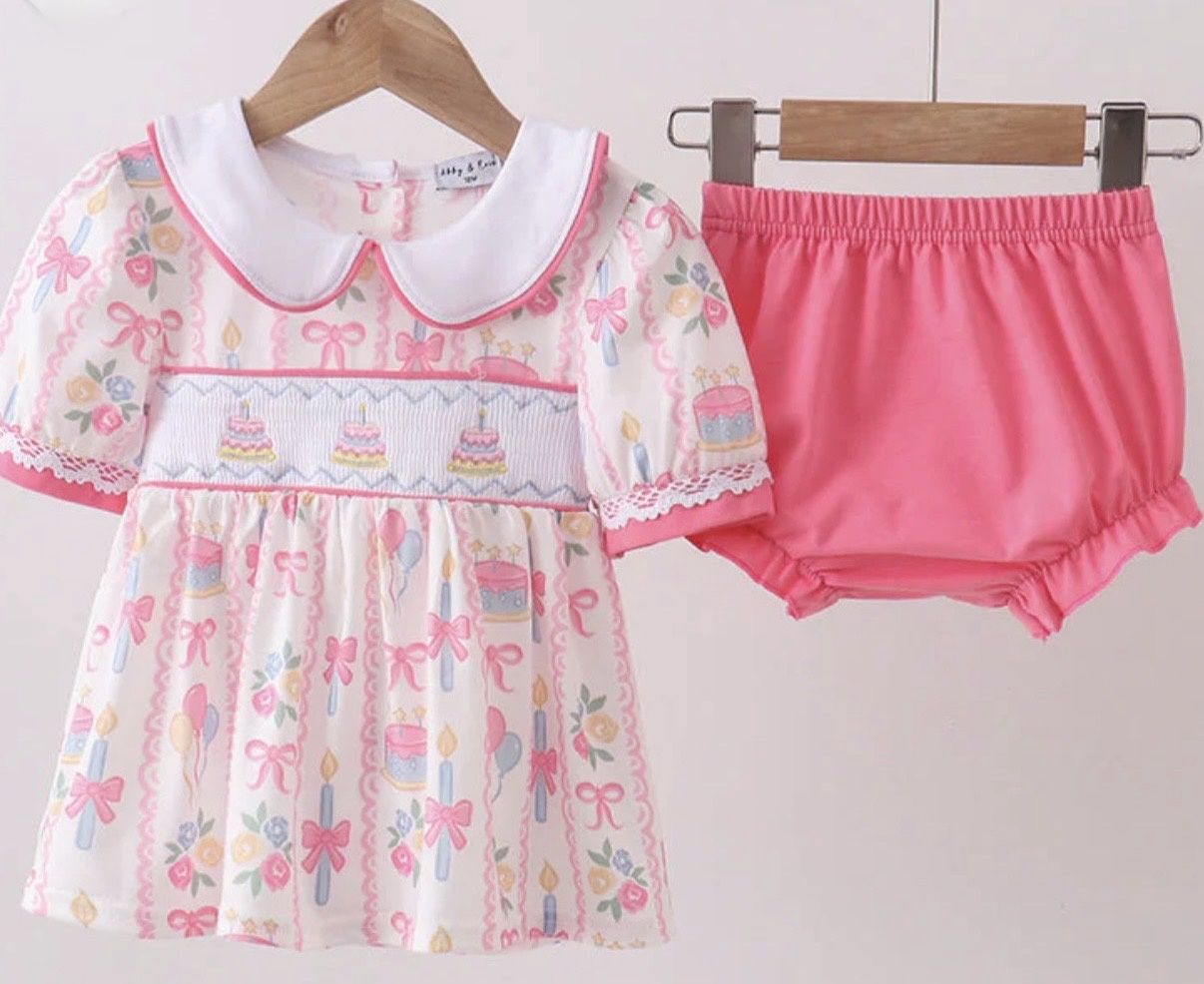 Pink Birthday Cake Smocked Bloomer Set