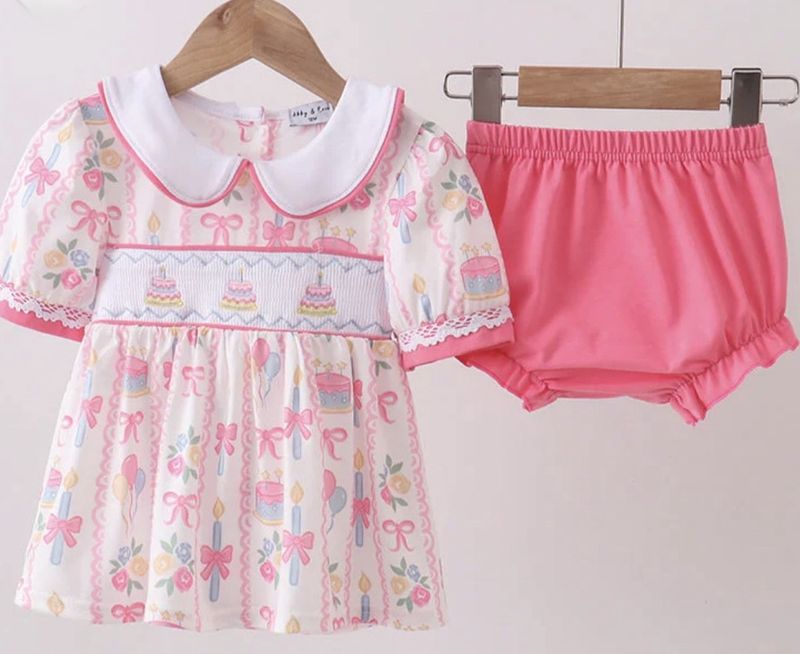 Pink Birthday Cake Smocked Bloomer Set