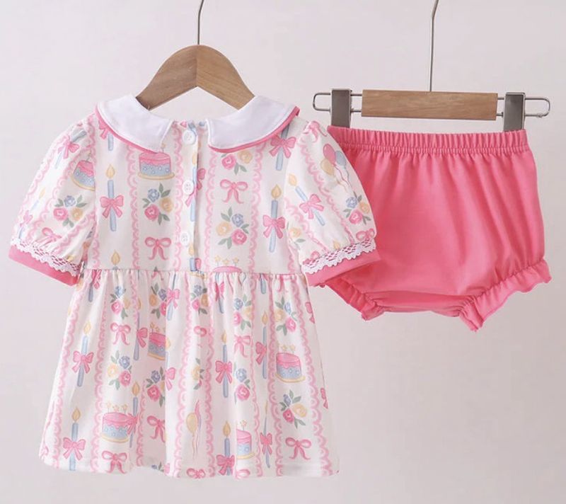 Pink Birthday Cake Smocked Bloomer Set