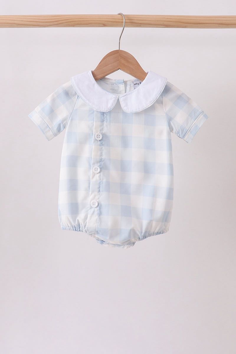 Blue Plaid Boys Peter Pan Collar Romper