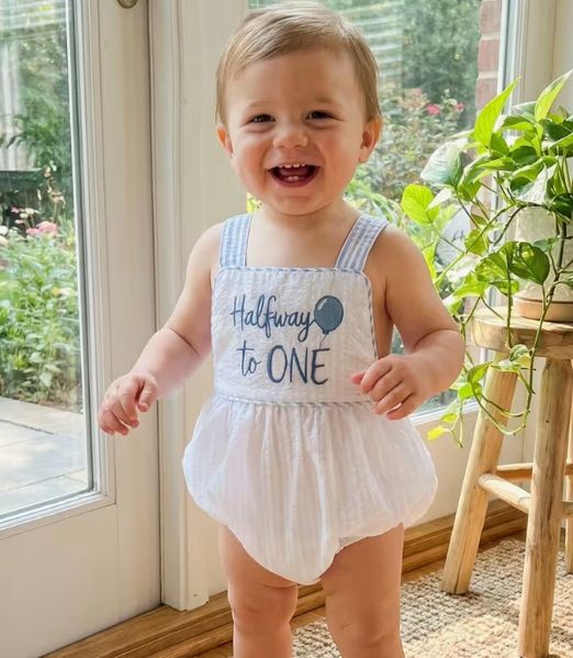 Halfway to One Boys Seersucker Romper