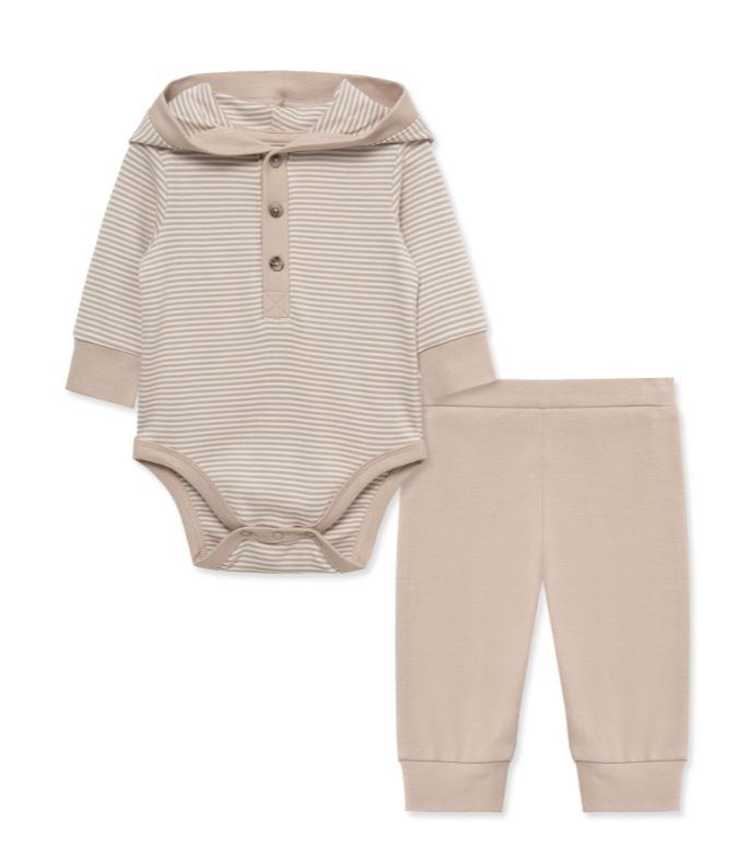Little Me- Tan Stripe Hooded Bodysuit &amp; Pant Set