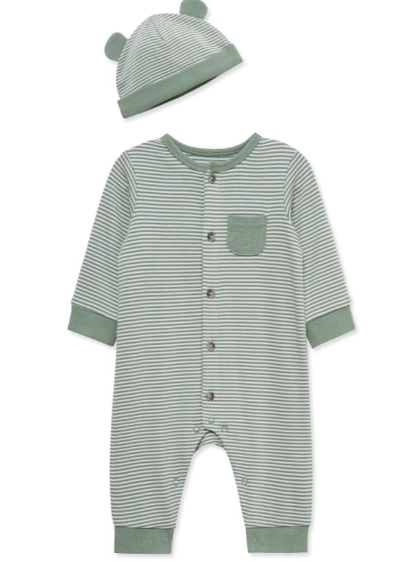 Green Stripe Footless Sleeper &amp; Bear Hat Set