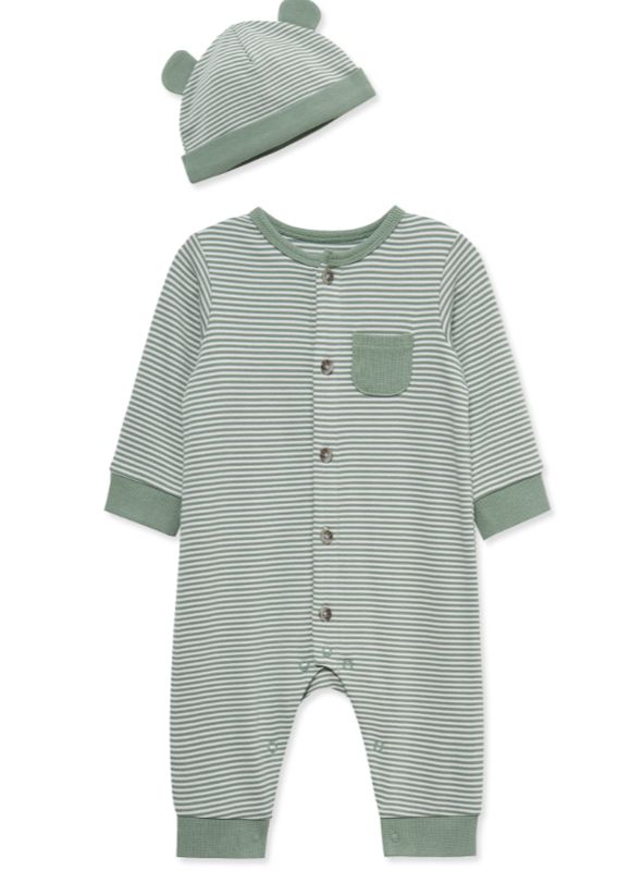 Green Stripe Footless Sleeper &amp; Bear Hat Set
