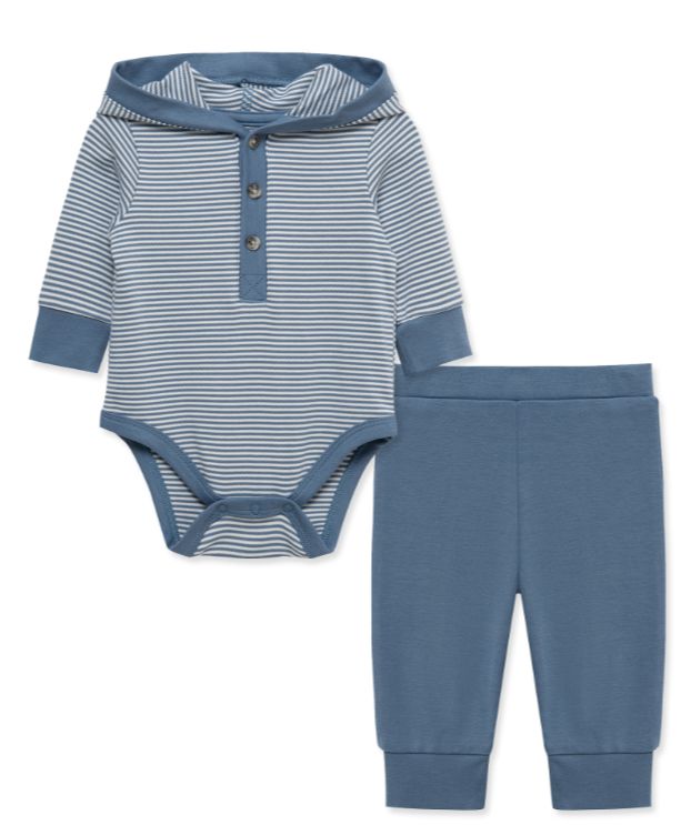 Little Me- Blue Stripe Hooded Bodysuit &amp; Pant Set