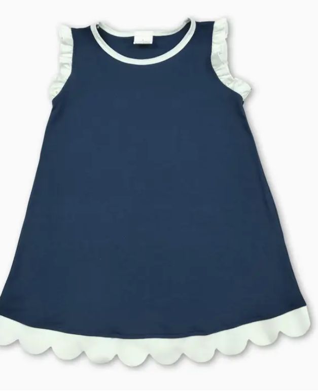 Navy &amp; White Scallop Hem Dress