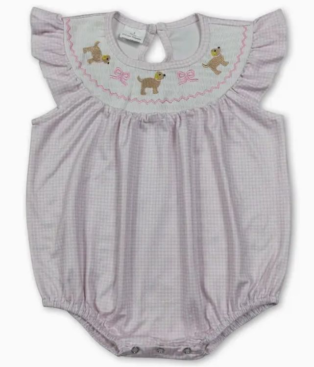 Smocked Pink Gingham Puppy Bubble