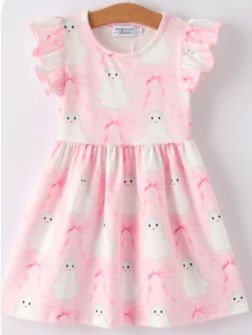 Pink Ghost &amp; Bow Flutter Sleeve Dress