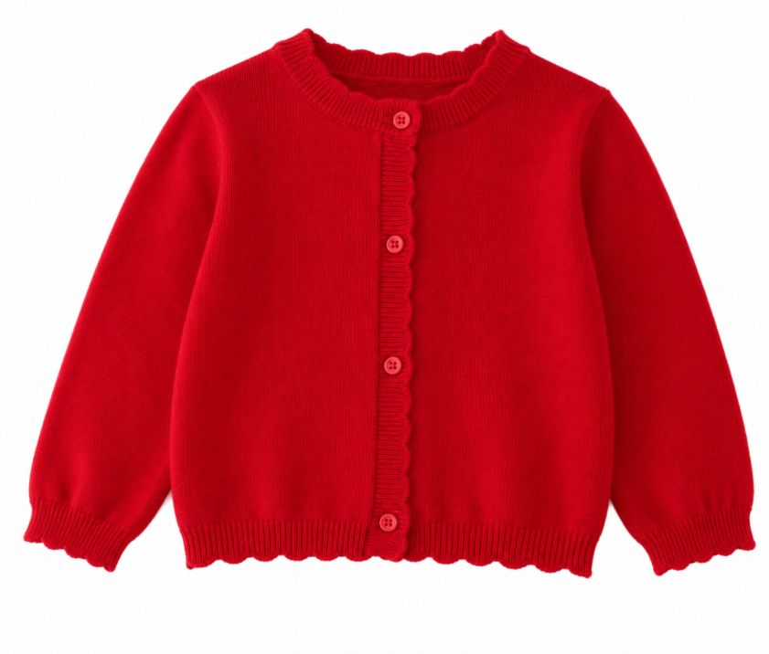 Red Scallop Trim Knit Cardigan